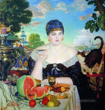  Mikhailovich Pintura al %C3%B3leo - La esposa del comerciante tomando el té 1918 Boris Mikhailovich Kustodiev